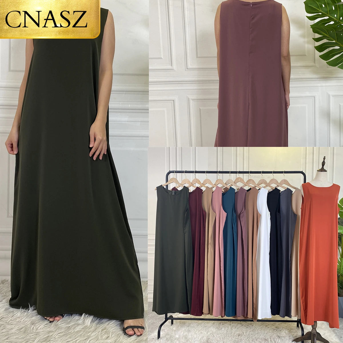 Langes, ärmelloses, muittardgrünes Kaftan-Kleid, aufgehängt.