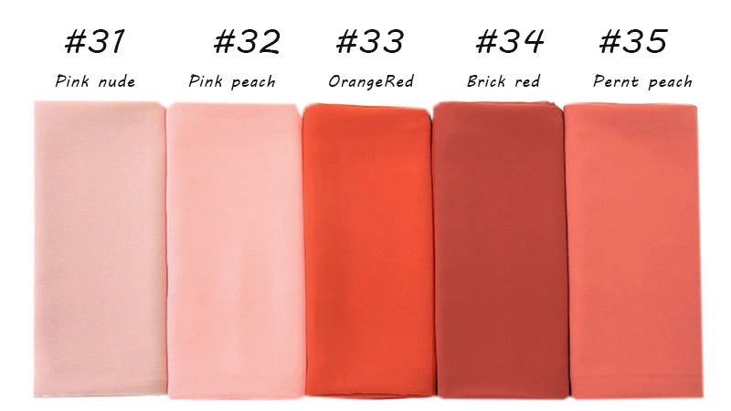 Una selección de cinco tonos de rosa y coral en pañuelos de gasa, etiquetados del #31 al #35.