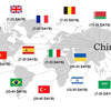 Mapa mundial mostrando tiempos de viaje desde China a varios países como EE. UU., Canadá, Reino Unido, Francia, Rusia y Españ
