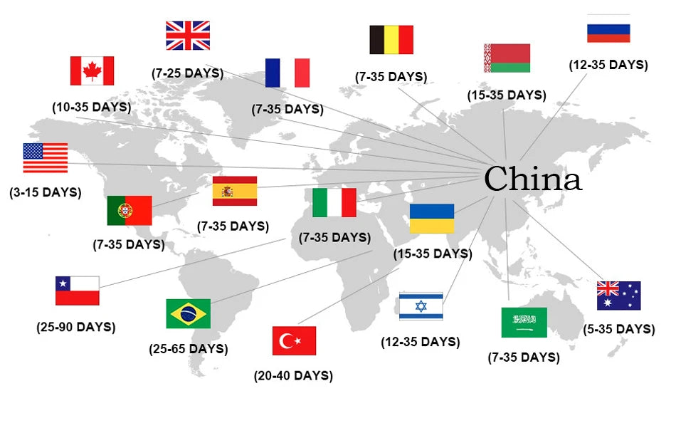Mapa mundial mostrando tiempos de viaje desde China a varios países como EE. UU., Canadá, Reino Unido, Francia, Rusia y Españ