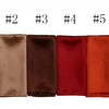 Six samples of solid color silk satin hijab scarves displayed in a row.