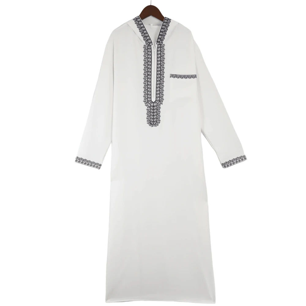 White Moroccan embroidered men's thobe jellaba with silver beadwork details