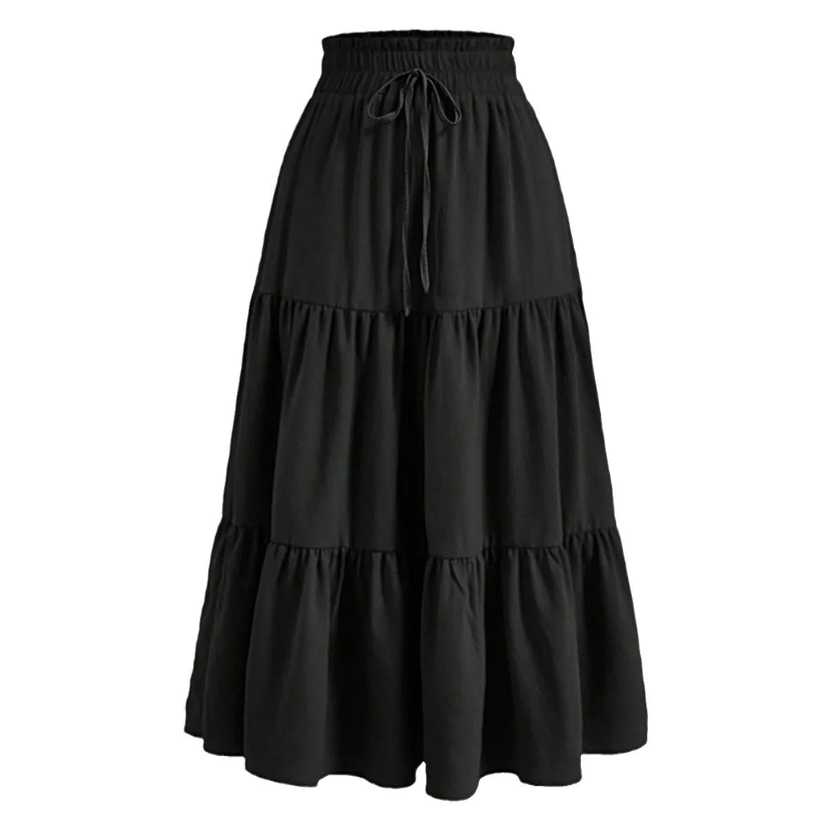 Falda midi A-line bohemia negra con cordón