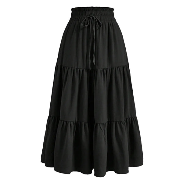 Black bohemian A-line midi skirt with a drawstring waist