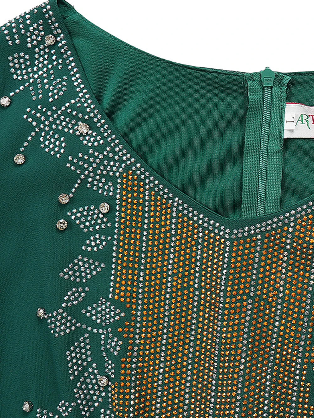 Smaragdgrünes Abaya-Kleid mit funkelnden Verzierungen und Reißverschlussdetails.