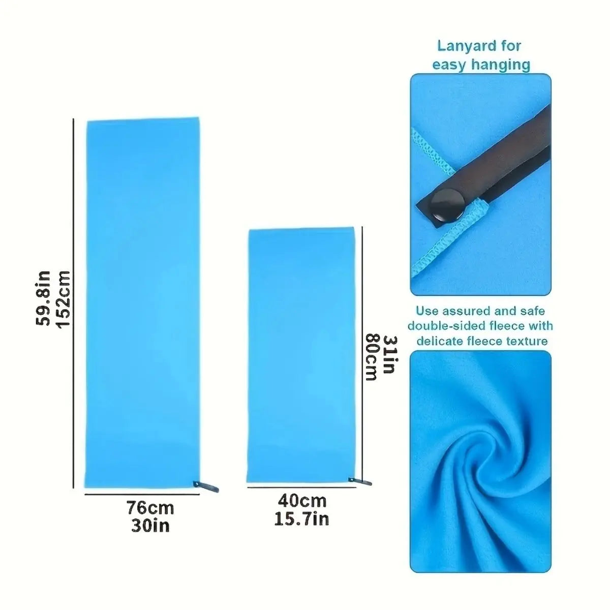 Serviette de voyage bleu vif en microfibre, à plat, pliée et avec un cordon pour accrocher.