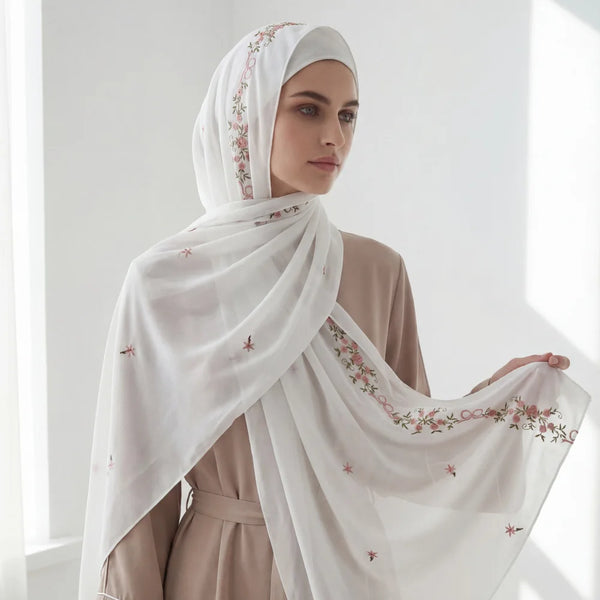 A woman wearing an elegant white chiffon hijab shawl with delicate floral embroidery, draped over a beige outfit.