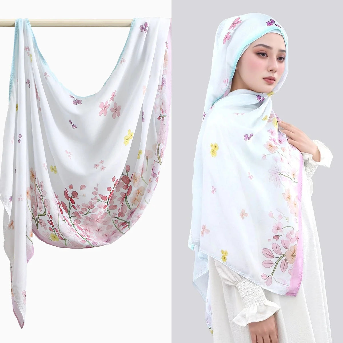 Weißes Aquarell-Ombré-Reiz-Hijab-Schal aus Rayon-Modal, über einer Kleiderstange und getragen von einer Frau.