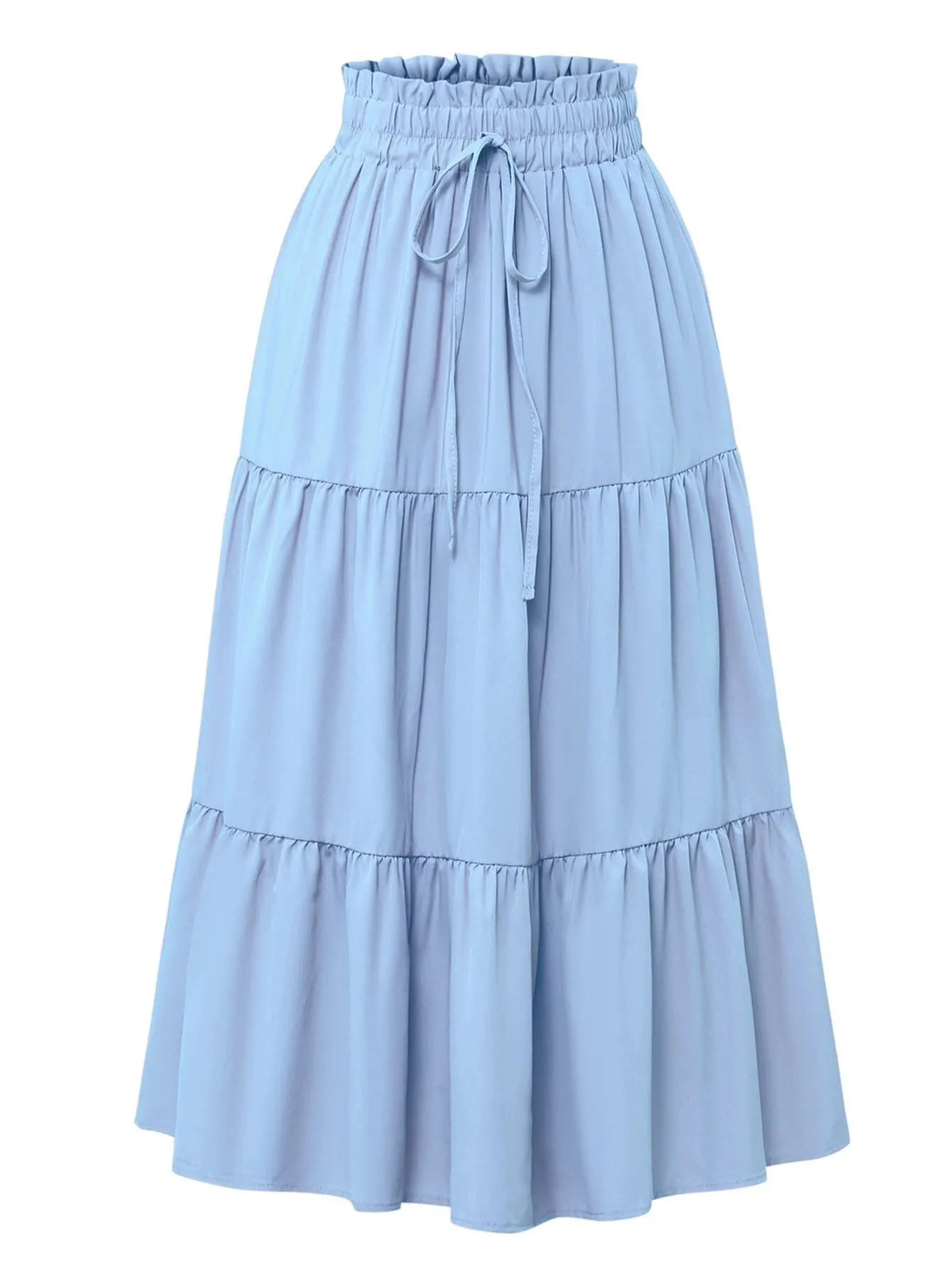 Falda midi A-line bohemia azul claro con cintura fruncida y volantes de capas