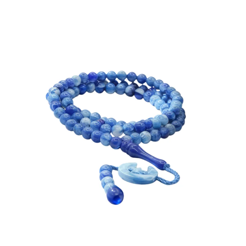 Tasbih de vidrio azul con cuentas redondas y borla con diseño de luna y estrella.