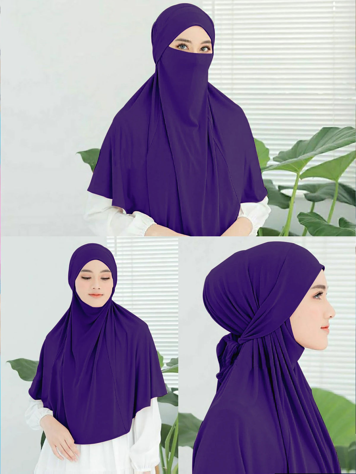 Eine Frau trägt einen lila Instant-Turban-Hijab für Frauen, gezeigt in einer Ganzkörper- und Nahansicht.