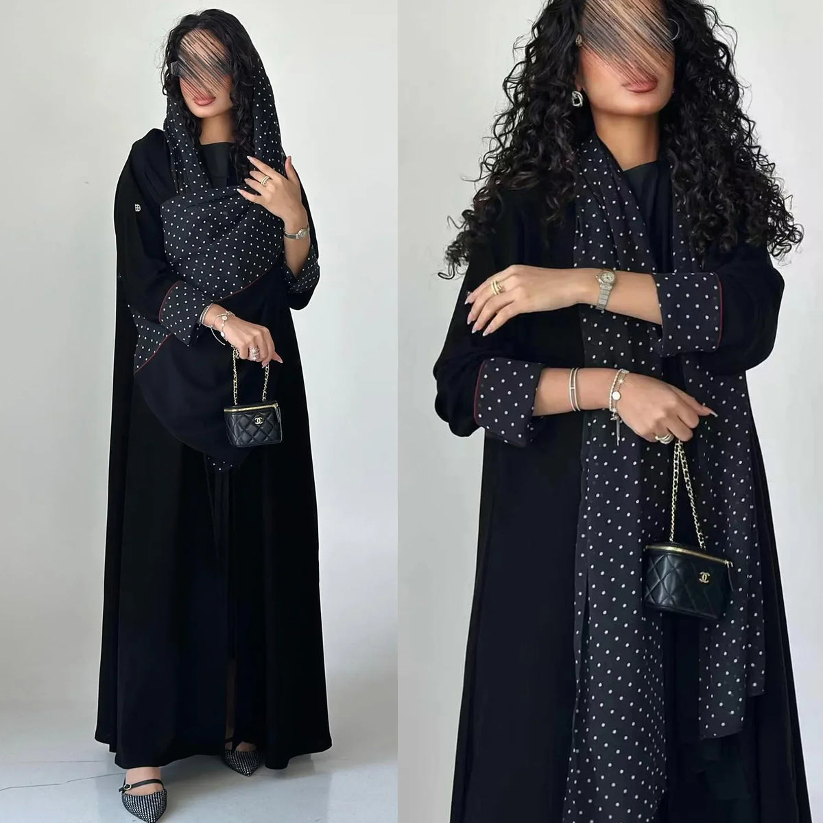 Eine Frau modelliert ein elegantes schwarzes Abaya-Cardigan-Kleid mit Polka-Dot-Muster und langen Ärmeln.