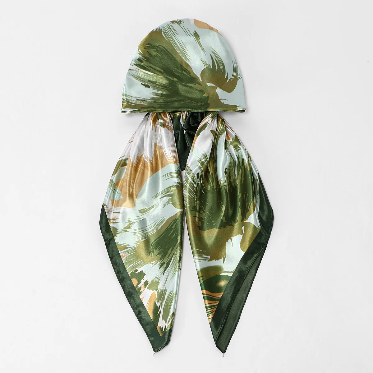 Satin-Seidiges Sofort-Hijab-Tuch mit grünem und goldenem botanischem Muster.