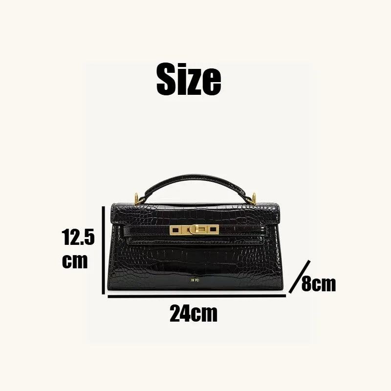 Black crocodile pattern shoulder bag shown with size measurements.