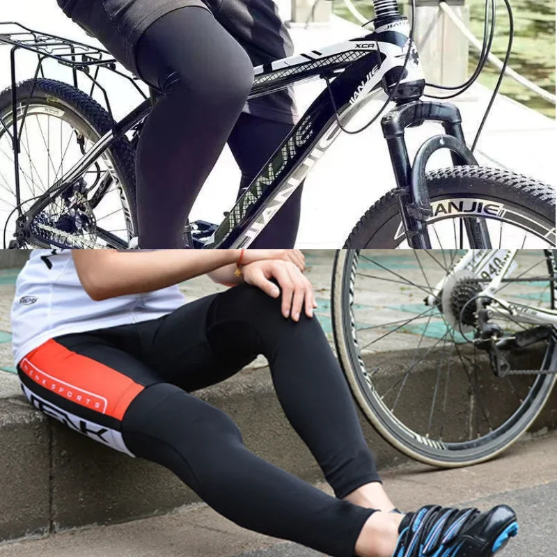 Une personne portant des leggings noirs et des couvre-jambes fait du vélo à l'extérieur.