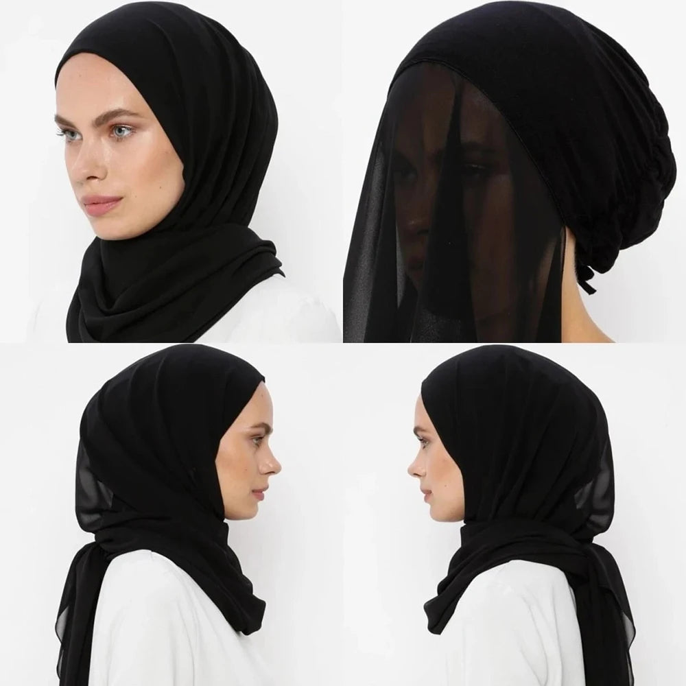 A woman wearing a black chiffon instant hijab with a modal cotton cap, shown in profile views.
