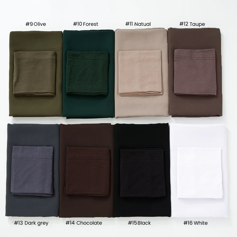A set of sixteen chiffon hijab and undercap products displayed in various earthy and neutral tones.
