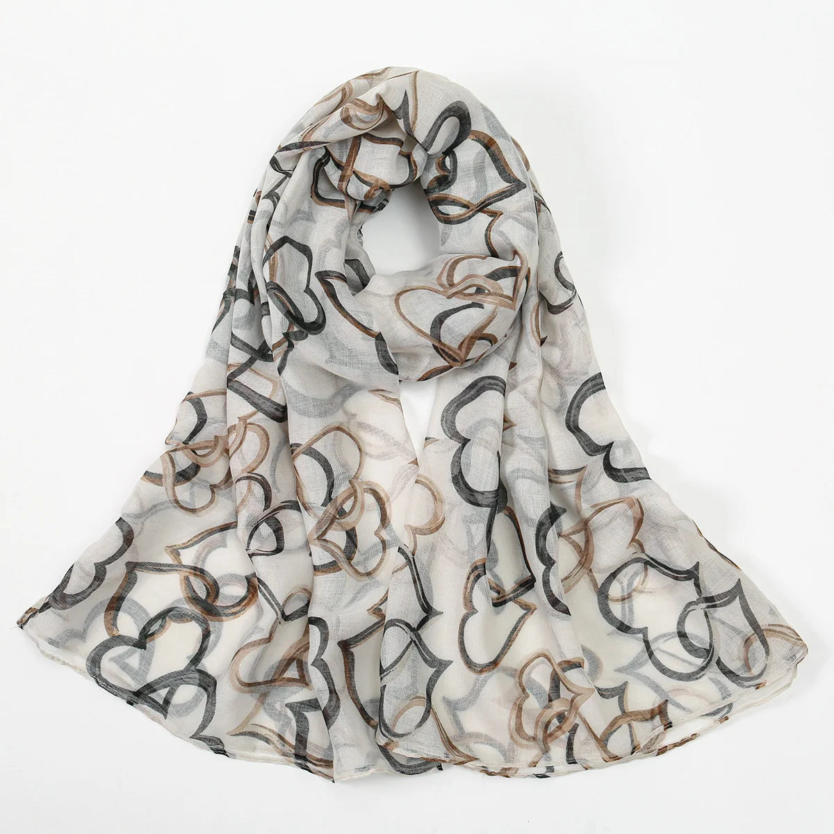 Fließender beige und grauer Blumen-Viskose-Hijab-Schal, elegant drapiert.
