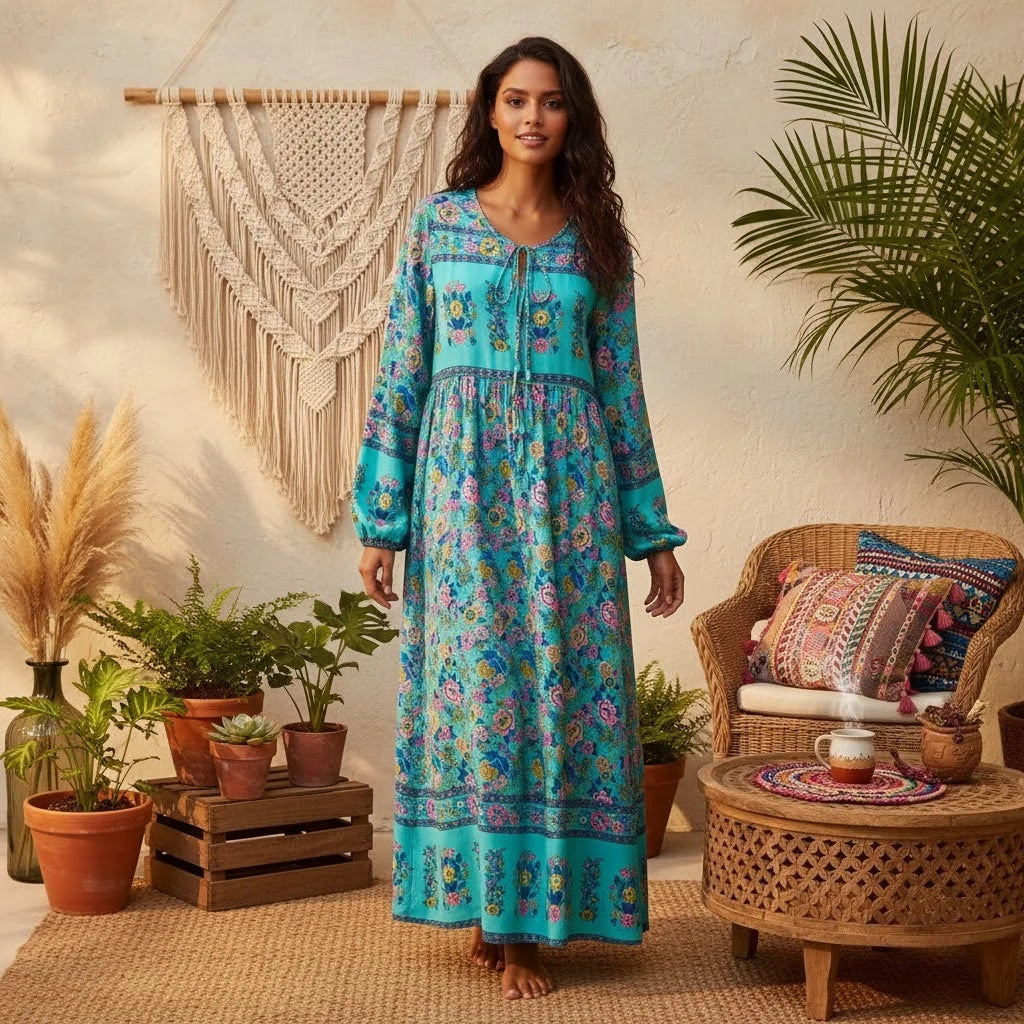 A woman wearing a blue floral maxi dress with lantern sleeves stands in a sunlit room surrounded by potted plants.