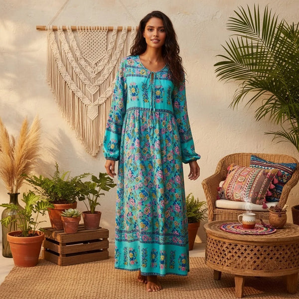 A woman wearing a blue floral maxi dress with lantern sleeves stands in a sunlit room surrounded by potted plants.