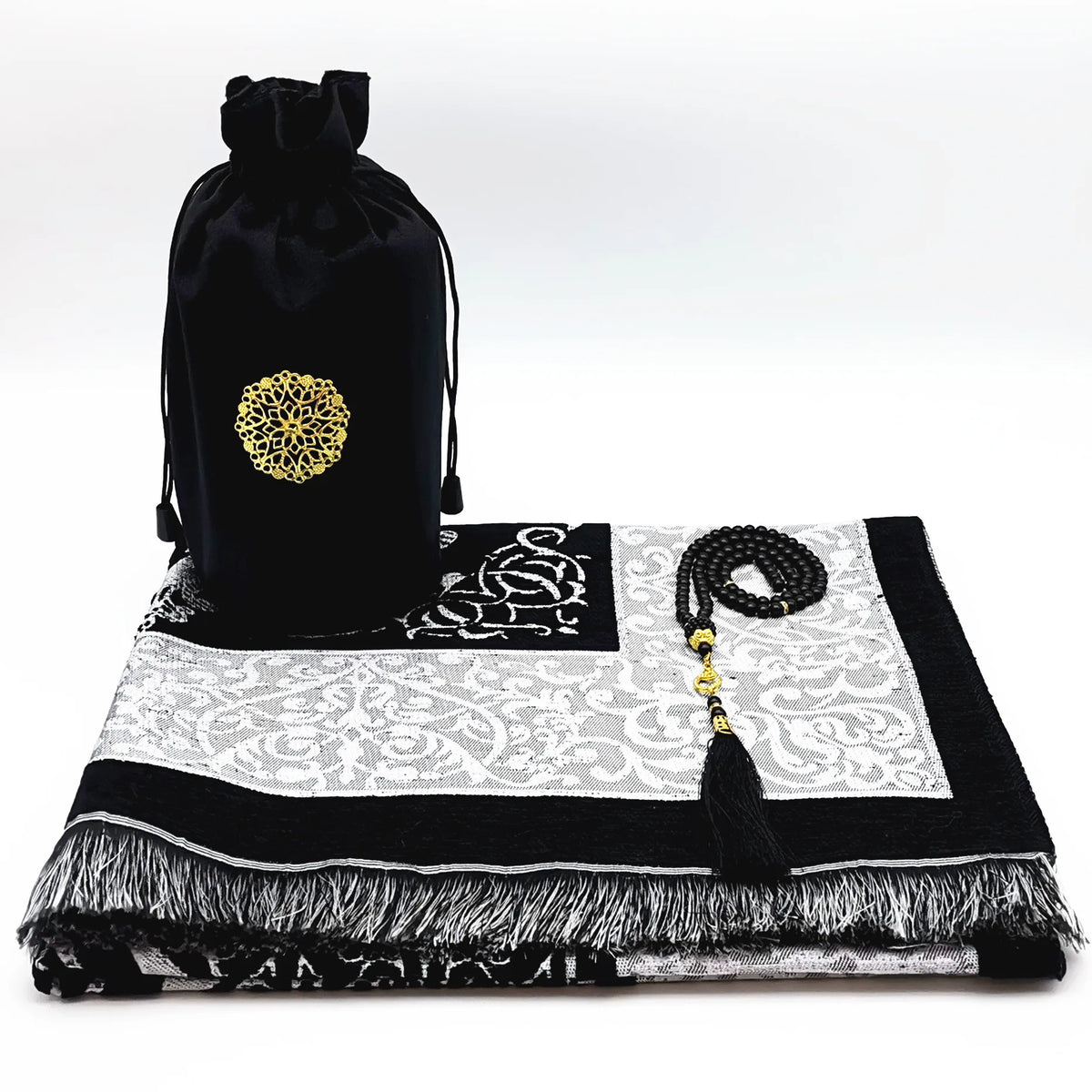 Elegante Chenille Gebetsmatte-Set mit schwarz-weißer Gestaltung, Tasbih und Tragetasche