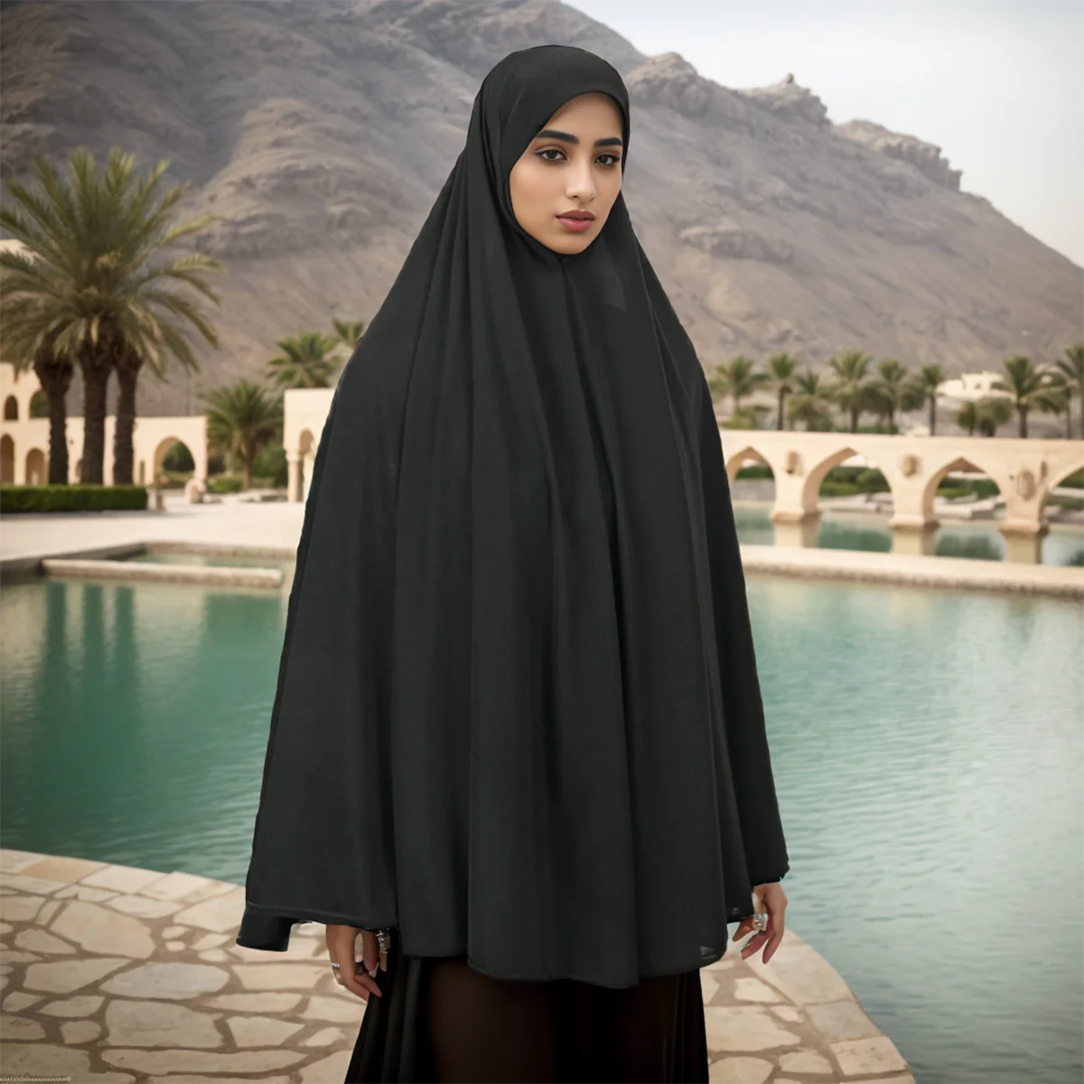 Eine Frau in einem eleganten schwarzen, flächendeckenden Abaya mit innerer Hijab steht neben einer Wasseranlage vor einem ber