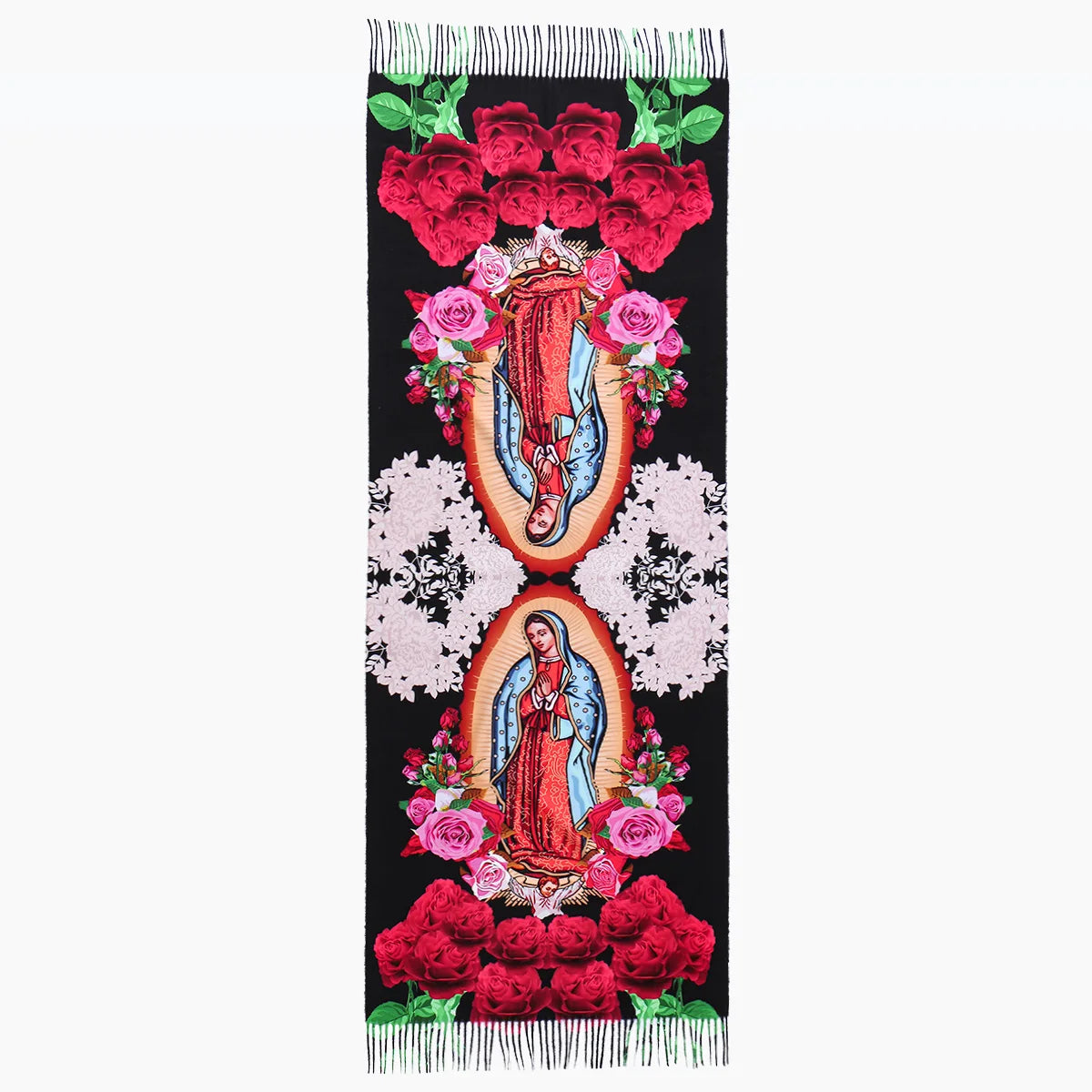 Pañuelo impreso personalizado con diseño floral vibrante e imagen de la Virgen de Guadalupe sobre fondo negro.