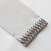 Close-up of a light gray Moroccan men's ethnic thobe with an embroidered stand collar detail.