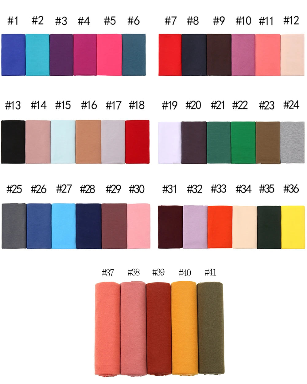 Sammlung von 36 Stoffmuster in verschiedenen Pink-, Blau-, Grün-, Rot- und Beige-Tönen für Damen-Jersey-Hijab