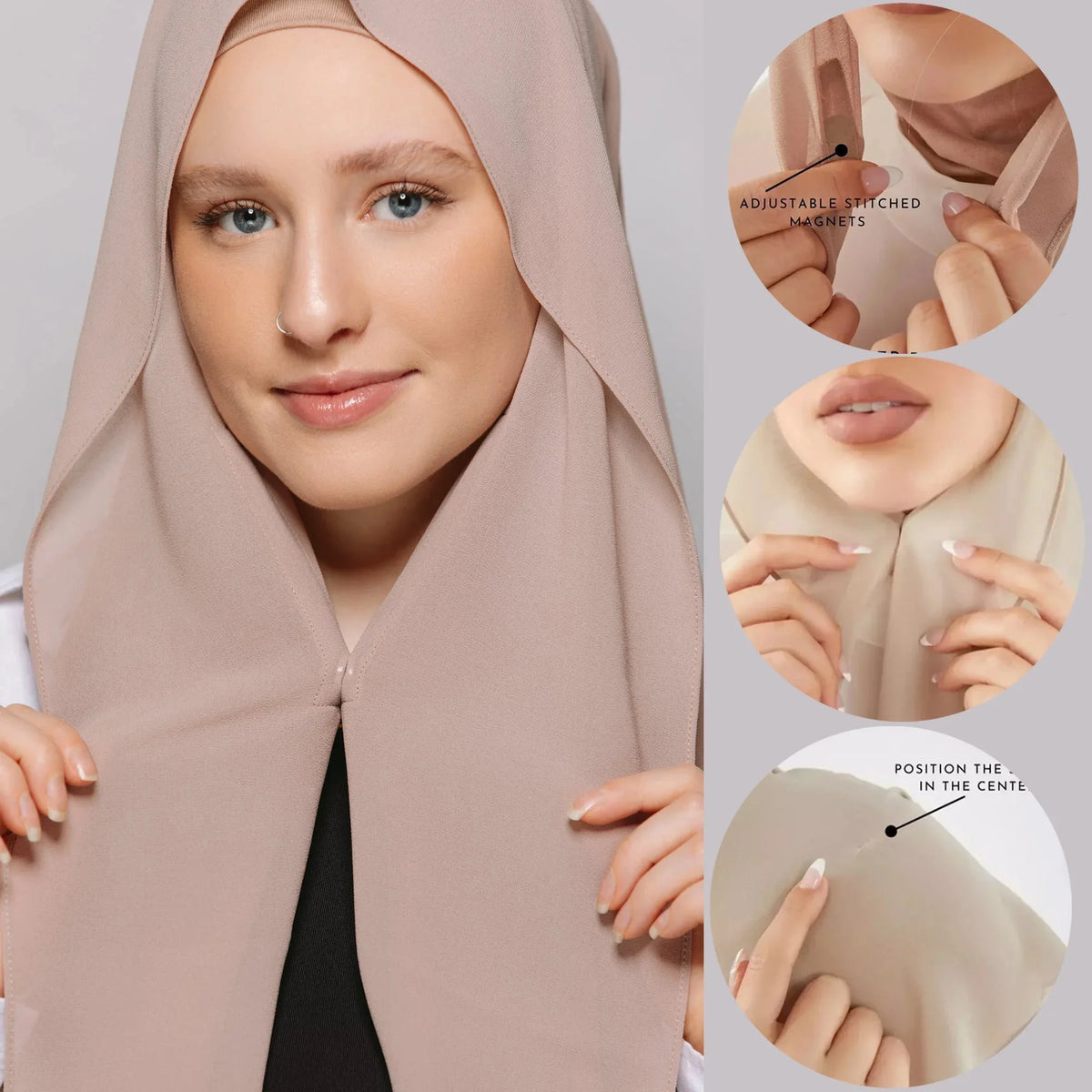 Nahaufnahme eines beigen Chiffon-Instant-Hijabs mit verstellbaren gestickten Magneten und Stoffdetails.