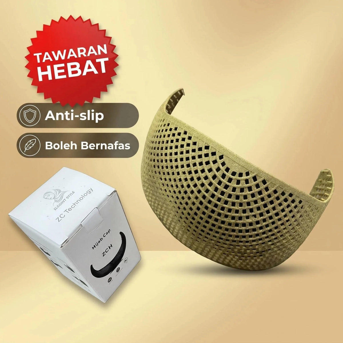 A beige anti-slip hijab crown is shown next to a product label highlighting features like anti-slip and breathability.