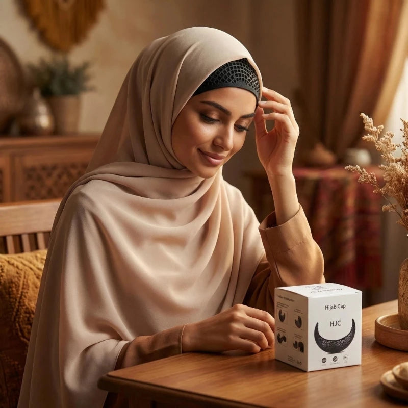 A woman wearing a beige hijab is applying an anti-slip hijab crown for secure styling on a wooden table.