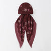 Maroon floral print voile hijab headscarf with a ruffled edge.