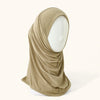 Beige Softex-Hijab-Turban aus Instant-Baumwolle und Modal auf einem Mannequin.