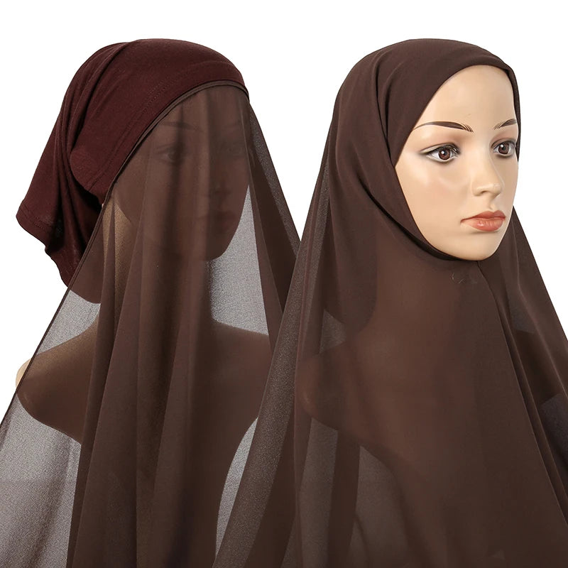 A woman wearing a sheer brown chiffon instant hijab with a modal cotton cap.