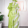 A lime green kaftan dress for women featuring white tatting detail, displayed on a mannequin.