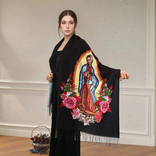 A woman models a black custom printed scarf featuring an image of the Virgin Mary Guadalupe.