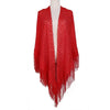 Un chal de encaje tejido rojo brillante colgado sobre un maniquí.