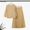 Ensemble haut à manches longues beige et jupe plissée assortie pour tenue musulmane.