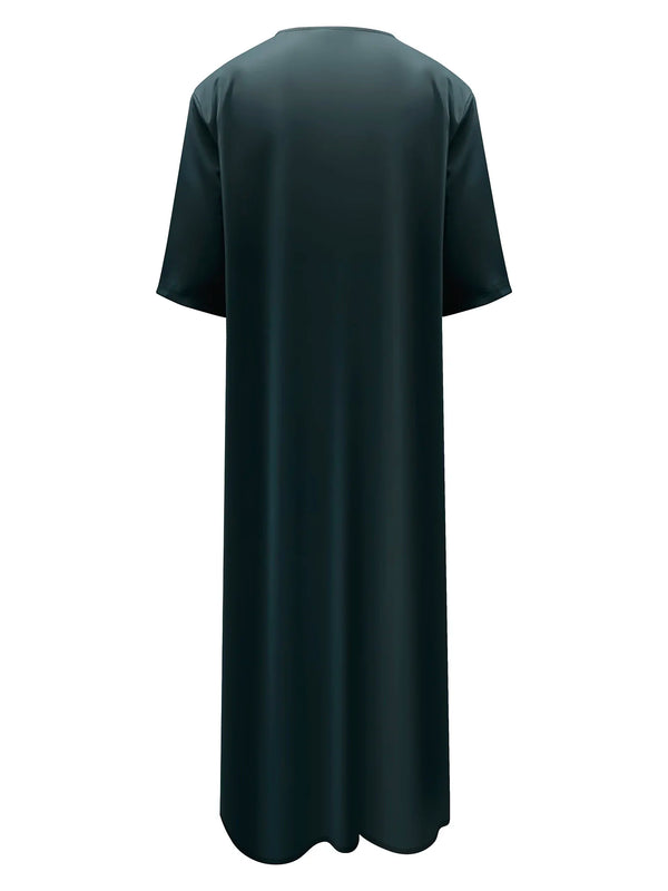 A dark teal embroidered men's jubbah thobe shown from the back.