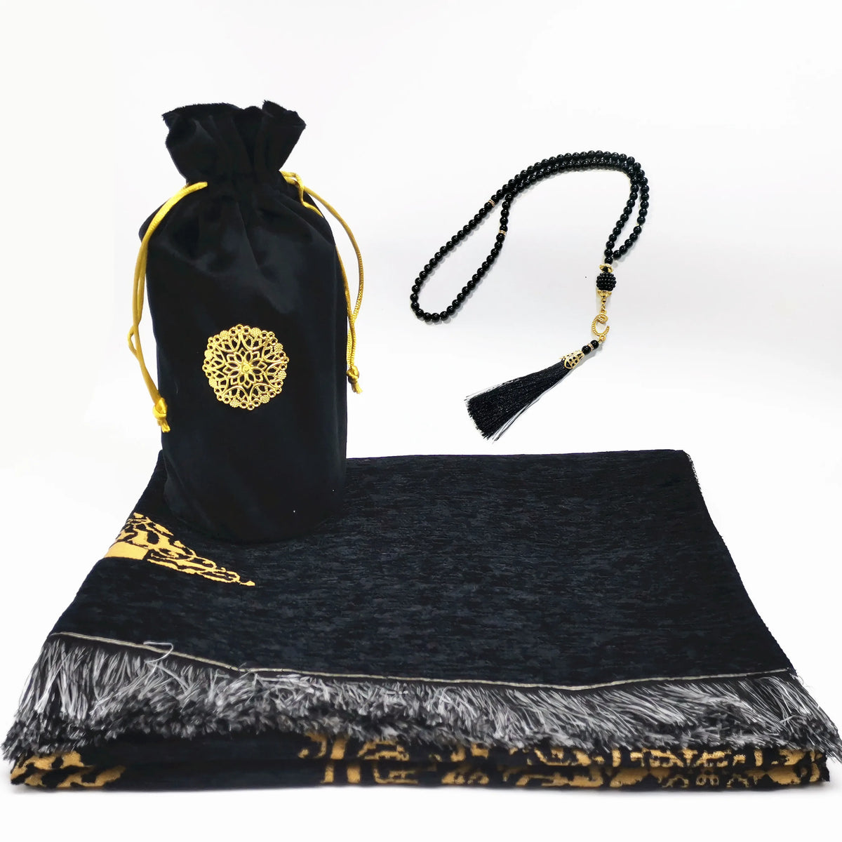 Schwarzes tragbares Gebets-Teppikset mit Teppich, Wickeltasche und Perlenkette.