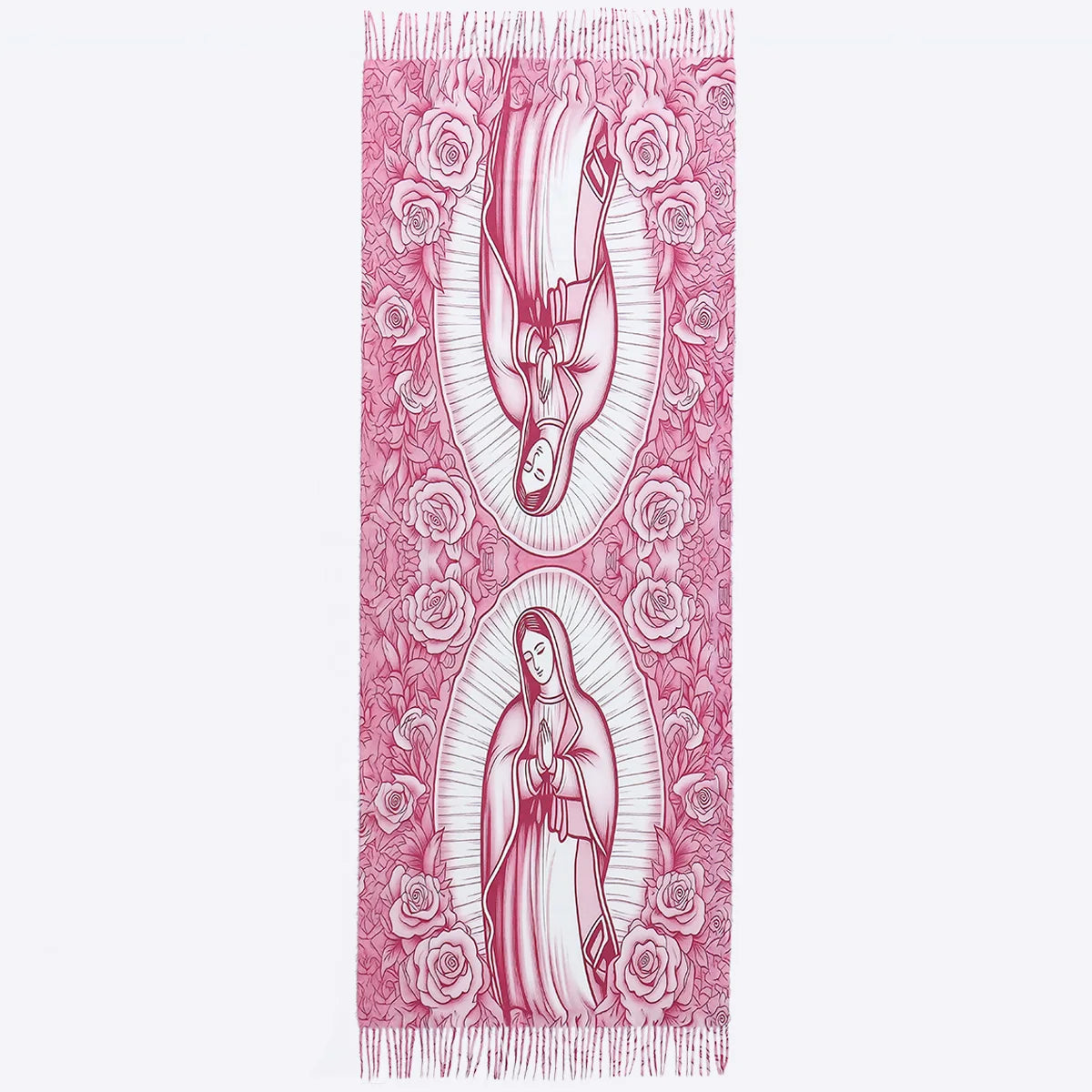 Pañuelo rosa vertical con estampado personalizado de la Virgen de Guadalupe, rosas y elementos decorativos.