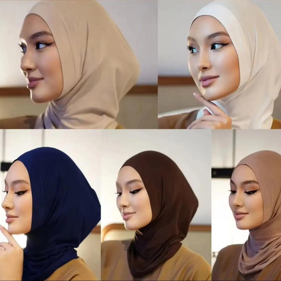 Vier Nahaufnahmen einer Frau mit Instant-Turban-Hijab-Unterkappen in verschiedenen Farben wie Beige, Weiß und Na...