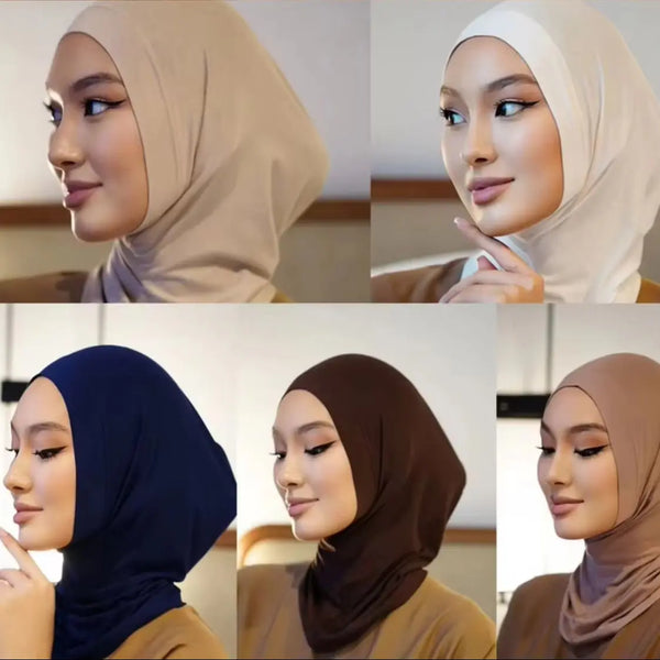 أربع لقطات مقربة لامرأة ترتدي حجاباً فورياً تحت غطاءة متعددة الألوان مثل البيج والأبيض.