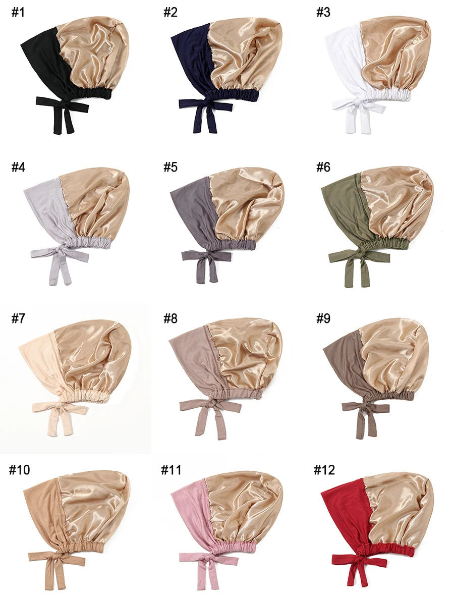 Douze variations de bonnets hijab satinés à double couche dans diverses couleurs, y compris noir, bleu marine, blanc, beige, 