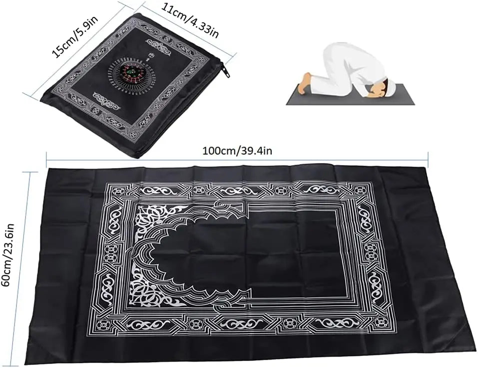 Black portable braided prayer rug featuring an ornate design and a compass element.