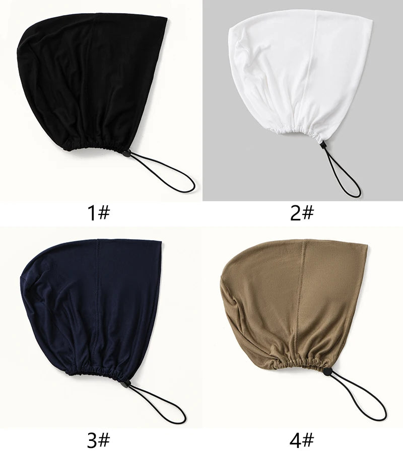 Four variations of an adjustable modal hijab cap in black, white, navy blue, and olive green.