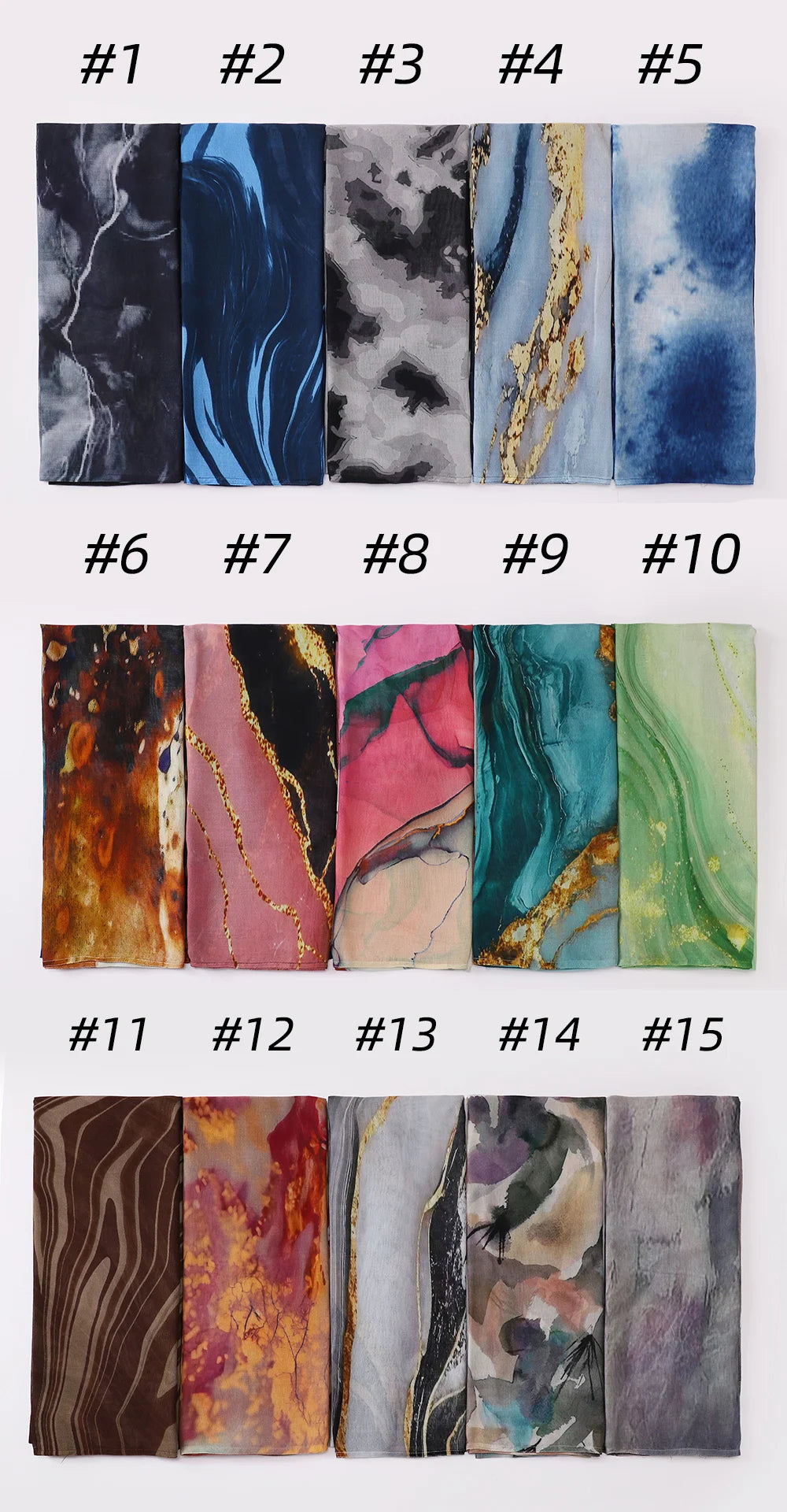 Collection de quinze foulards voiles élégants imprimés avec des motifs aquarelle et marbrés abstraits de diverses couleurs