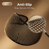 A close-up of a black anti-slip hijab crown fabric with a mesh pattern, shown next to a magnifying glass.