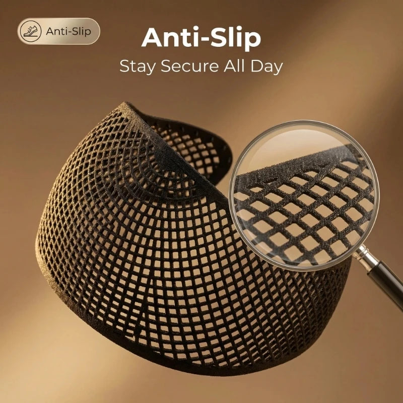 A close-up of a black anti-slip hijab crown fabric with a mesh pattern, shown next to a magnifying glass.